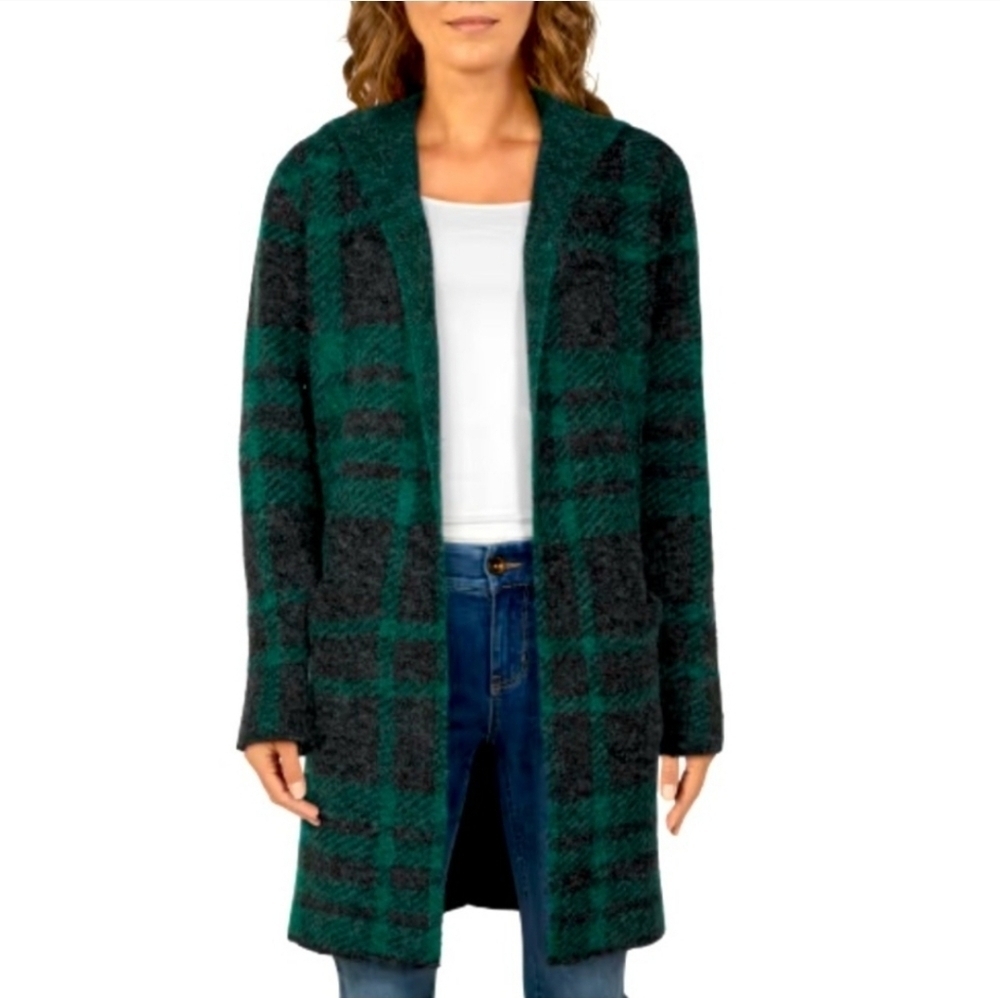 Natural Reflections Long Hooded Plaid Blanket Sweater Coatigan Cardigan Sweater